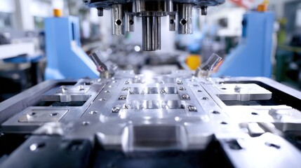 Medium shot capturing progressive die stamping producing detailed appliance components highlighting the synchronized mechanical operations in a clean factory.