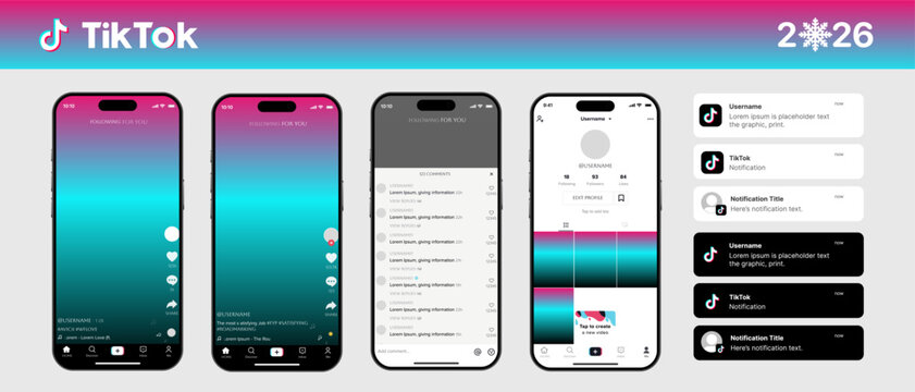 Tiktok. Tik tok mobile App interface template. Tiktok mockup social media template. mobile app interface template on social network. Tiktok Home, User, activity template.