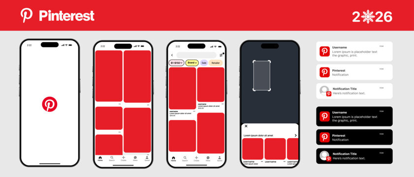 Pinterest UI mockup template. Visual discovery platform layout with pin board, user profile, and search interface. Website and mobile app design for inspiration and content sharing.	