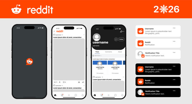 Reddit UI mockup template with subreddit feed, post layout, and comment interface. Reddit screen and user interface design for social media and online communities.