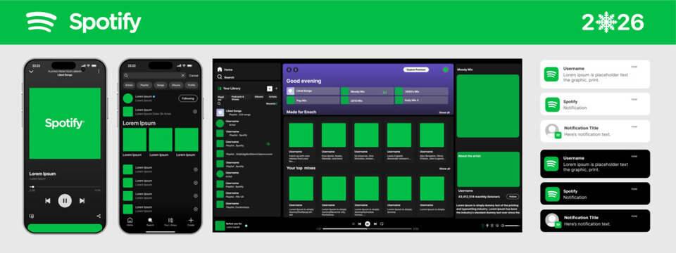 Spotify interface. Social media pages mockup template. Editorial mockup of Spotify interface. Music platform. Spotify music platform interface mockup. White background. Vector icons.