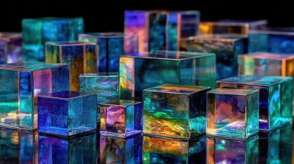 Abstract Arrangement of Translucent Cubic Prisms with Internal Colorful Reflections on Dark Background Creating a Geometric Pattern With Play of Light and Shadow