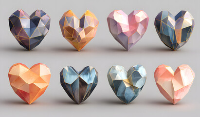 Luxury vector collection of polygonal hearts. Invitation template. Set geometric shape.