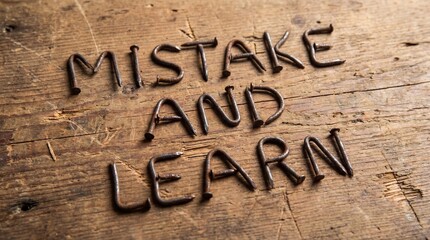 Mistake and learning message spelled with rustic nails on weathered wood surface emphasizing growth through error recognition and educational experience improvement