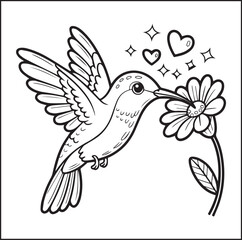 Obraz premium Beautiful hummingbird black vector outline hand-drawn artwork for kids coloring page or book design