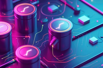 Cylindrical devices with glowing symbols exchange data on a vibrant circuit board, illuminated by neon lights, in a futuristic technological landscape