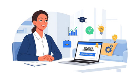 Successful Woman Completing Online Education Course on Laptop