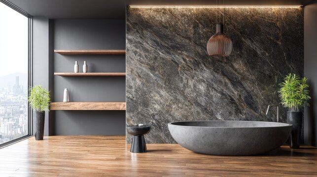 Modern gray bathtub complements a dark stone wall and wooden shelves.
