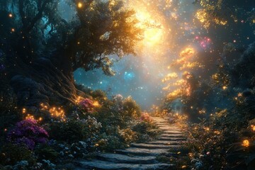 Fototapeta premium Enchanted forest pathway illuminated by magical light in a dreamlike atmosphere