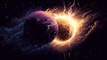 Two planets collide in space and an explosion occurs, vector game illustration