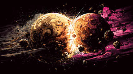 Two planets collide in space and an explosion occurs, vector game illustration