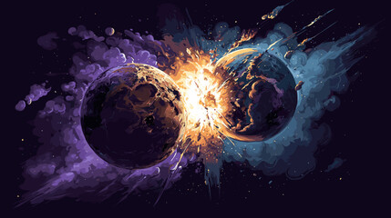 Two planets collide in space and an explosion occurs, vector game illustration
