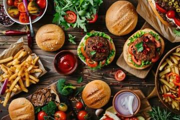 Tasty hamburgers with juicy cutlets, french fries, ketchup, vegetables and spices served on wooden table