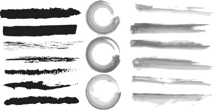 Set of black and grey ink brush strokes and zen circle frames with textured grunge edges isolated on white background