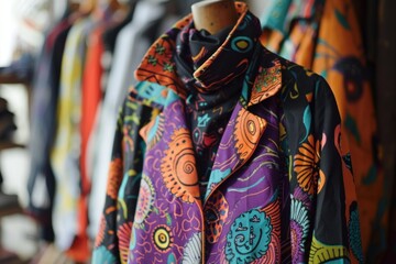 Fototapeta premium Mannequin wearing a colorful psychedelic patterned jacket and turtleneck in a fashion store