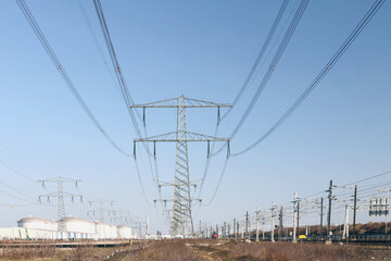 High voltage power lines at the Maasvlakte in the Port of Rotterdam