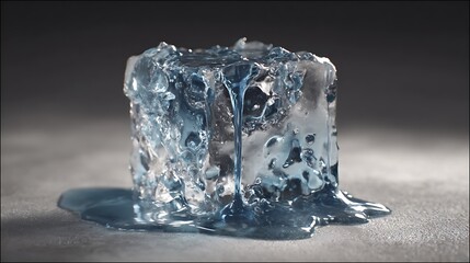 Obraz premium Melting ice cube with water dripping on grey background, studio lighting, abstract concept of global warming and climate change