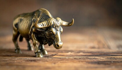 A close-up shot of a bronze statue of a bull, positioned on a wooden surface with a shallow depth of field