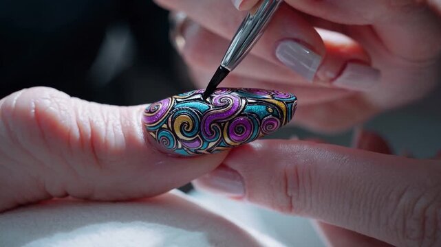 Closeup hands painting vibrant swirl nail with fine brush strokes, multicolored acrylic pigments blended into glossy pattern under soft studio lighting, technician applying precise detail and steady