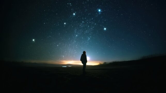 Night mountain scene with man silhouetted against starry sky and Milky Way, ideal for outdoor adventures, motivational posters, or astronomy themes. - Powered by Adobe