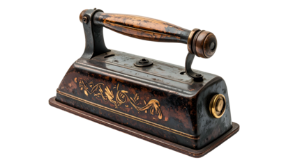 Close-up of antique flatiron with ornate detailing on a transparent background