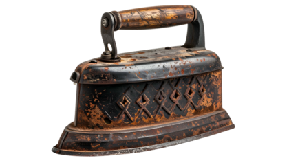 Antique cast iron clothes iron, heavily rusted, with wooden handle, isolated on black
