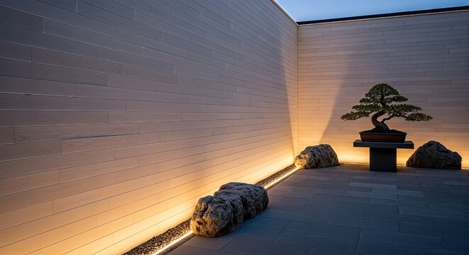 Tranquil Zen Garden Corner with Bonsai Tree and Uplighting.