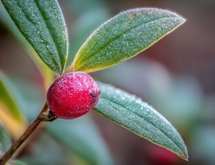 Obraz premium Closeup of a Bright Red Berry on a Stem with Green Leaves Covered in Frost Sparkling in Sunlight and Bokeh Background