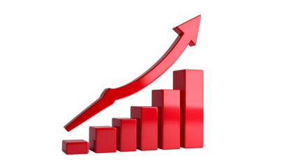 A 3D rendered graphic of a rising bar chart with a red arrow pointing upwards