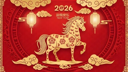 Chinese Lunar New Year 2026 Golden Horse Illustration with Ornate Patterns, Lanterns, and Auspicious Clouds on Red Background