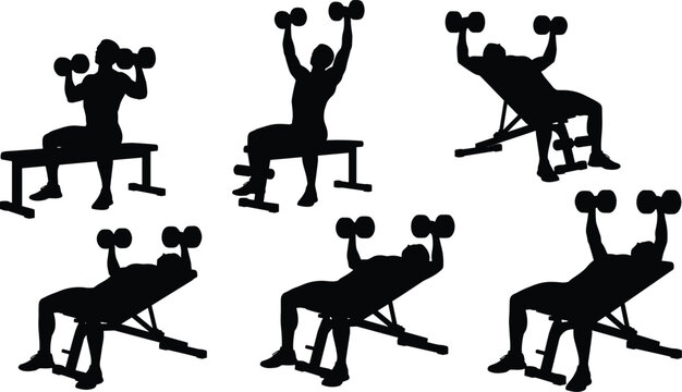 Variety of people exercising with dumbbells on bench