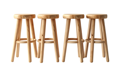 Four identical wooden stools, round seats and angled legs, on a solid black background