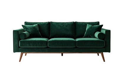 A luxuriously upholstered emerald green sofa with wood legs and accent pillows against black