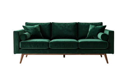 A luxuriously upholstered emerald green sofa with wood legs and accent pillows against black
