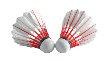 Two shuttlecocks with white feathers, red accents, and black bases, against a black background