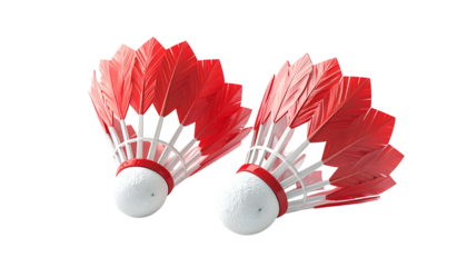 Two red-feathered shuttlecocks angled slightly on a black background, perfect for a game