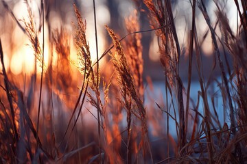 Golden Hour Glow Tall Grasses Silhouette Against a Warm Bokeh Background Nature Scene with Sunlight Filtering Through Plants creating an Orange Hues Abstract Impression