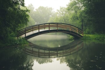 Misty morning at a serene bridge over a tranquil pond surrounded by lush greenery