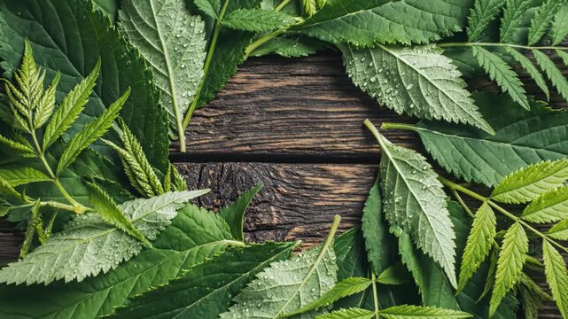 Poisonous plant leaves on a wooden surface with water droplets on them arranged in a circle