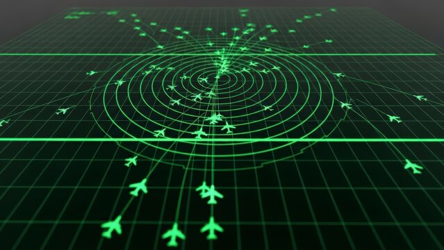 Air Traffic Control Radar Display with Multiple Aircraft and Flight Paths.