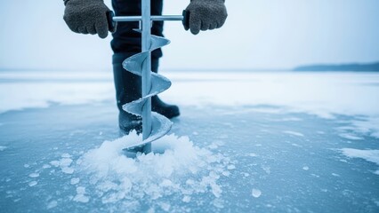 Drill a hole in the lake for ice fishing
