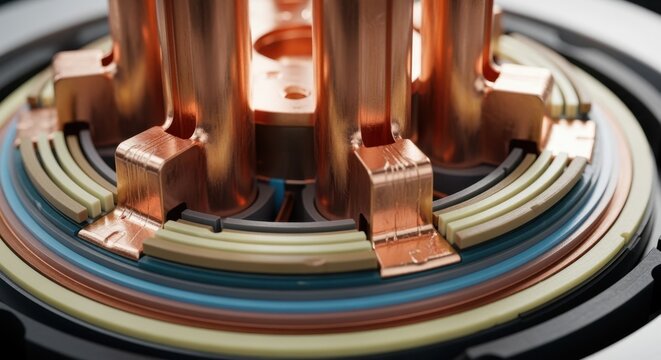 Detailed macro shot capturing copper conductor terminals and insulation layers on a partially assembled HVDC converter valve.