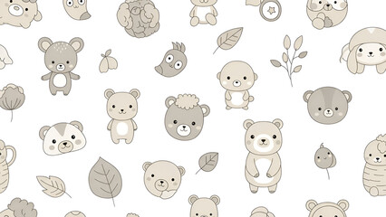 Bear seamless pattern vector polar bear Leaves in Neutral Earth Tones background repeat wallpaper cartoon illustration graphic doodle