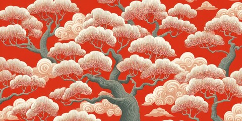 Pixel Art Red Background with Snow Covered Trees and White Clouds Graphic Design