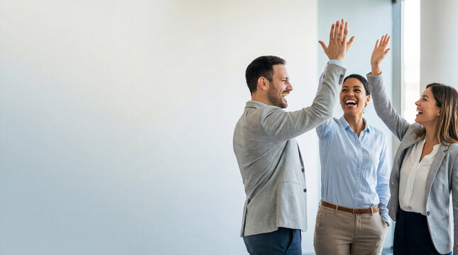 Business team celebrates high five win. Smiling team gives high five in modern office, teamwork success concept for newyear kickoff, startup launch, career promotion, copy space, bright tone