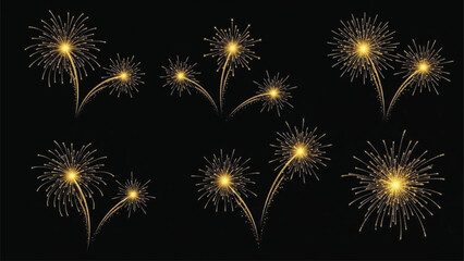 Golden Fireworks Burst Set on Black Background, Sparkling Celebration Explosions, New Year and Festive Pyrotechnic Lights Illustration Collection
