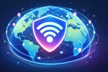 Global data transfer featuring a large neon wifi above a globe in space, a fast connected world and advanced internet system.