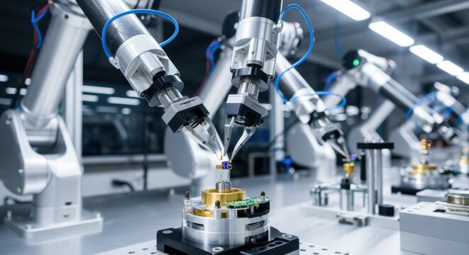 Automated robotic arms assembling delicate parts of a gyroscope on a sleek inertial navigation assembly line in a modern factory.