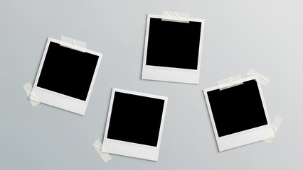 Five blank Polaroid photo frames are scattered on a soft gray background, held with transparent tape, creating a minimalist mockup scene suggesting memories, nostalgia, creativity, and space for perso