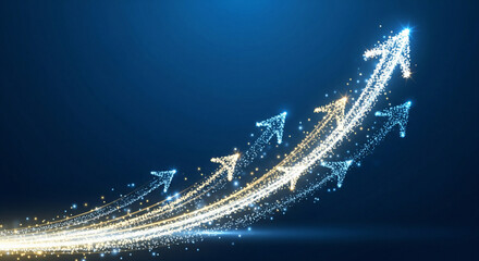 A glowing arrow made of tiny lights pointing upwards in a dark blue background